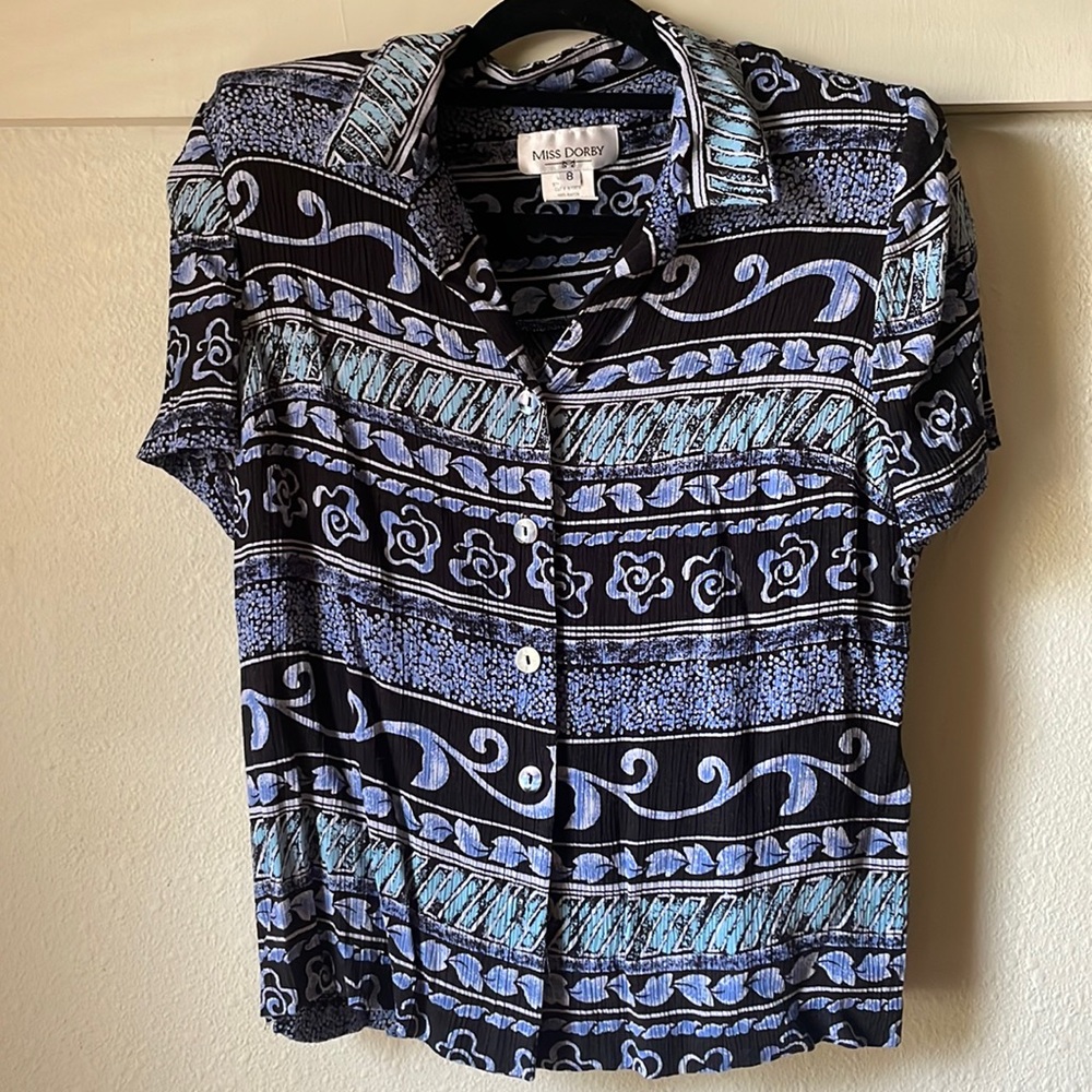 Vintage Miss Dorby blue mixed media short sleeve button down blouse
